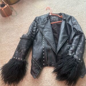 Killstar Black Studded Leather Jacket with Faux Fur